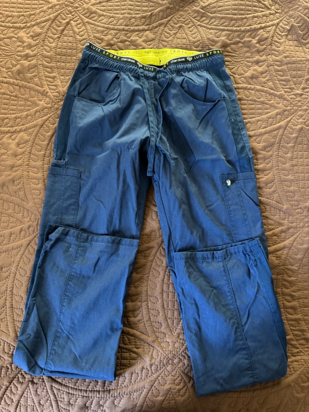 Cherokee Luxe Dark Blue Cargo Pants with Yellow Waistband Accent